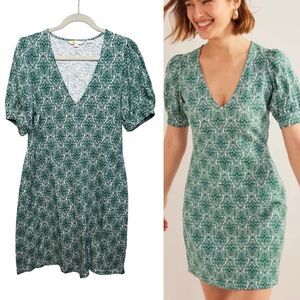 Boden V-Neck Jersey Mini Green and White Short Puff Sleeve Dress -Size 16/18